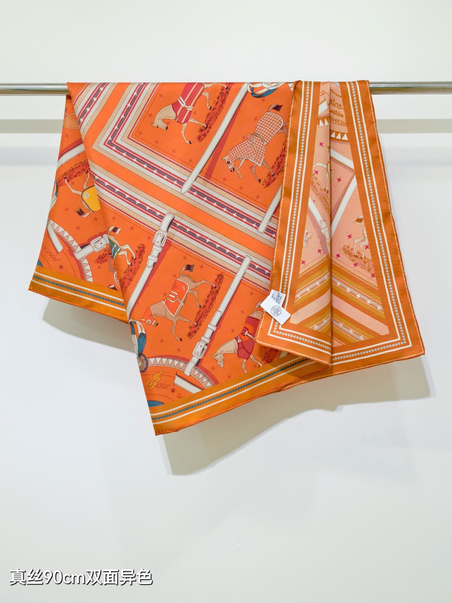 HM 26s Horse Scarf 140 Orange Colorful Cashmere Silk 139219