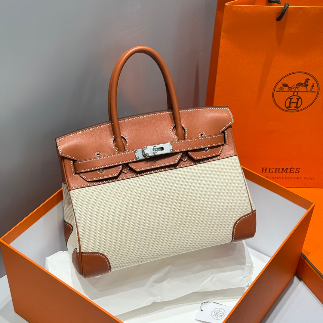 HM Birkin 35cm Gold Swift Leather Beige Canvas Silver Hardware