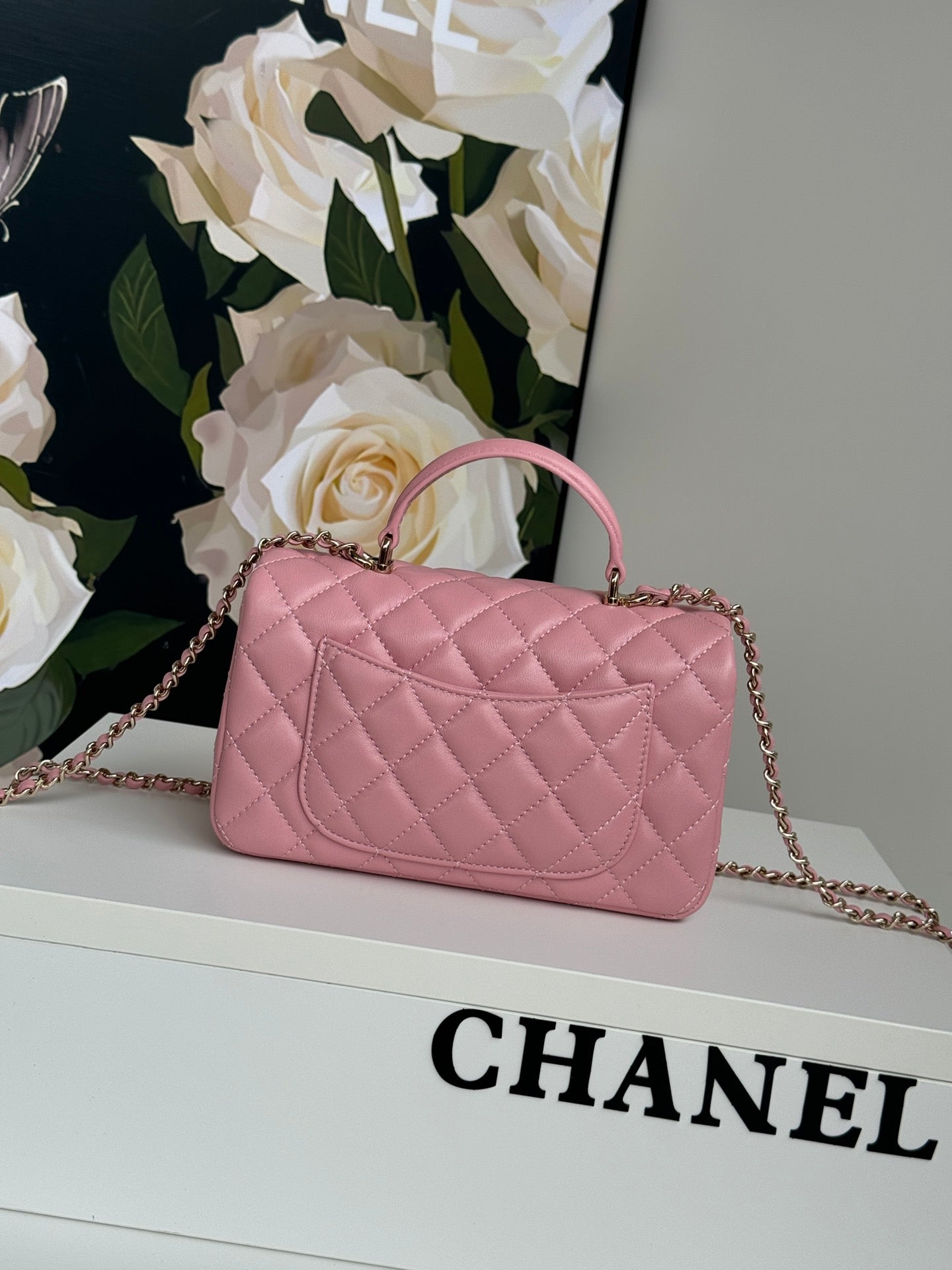 24c mini flap bag 20cm with top handle pink calfskin silver hardware