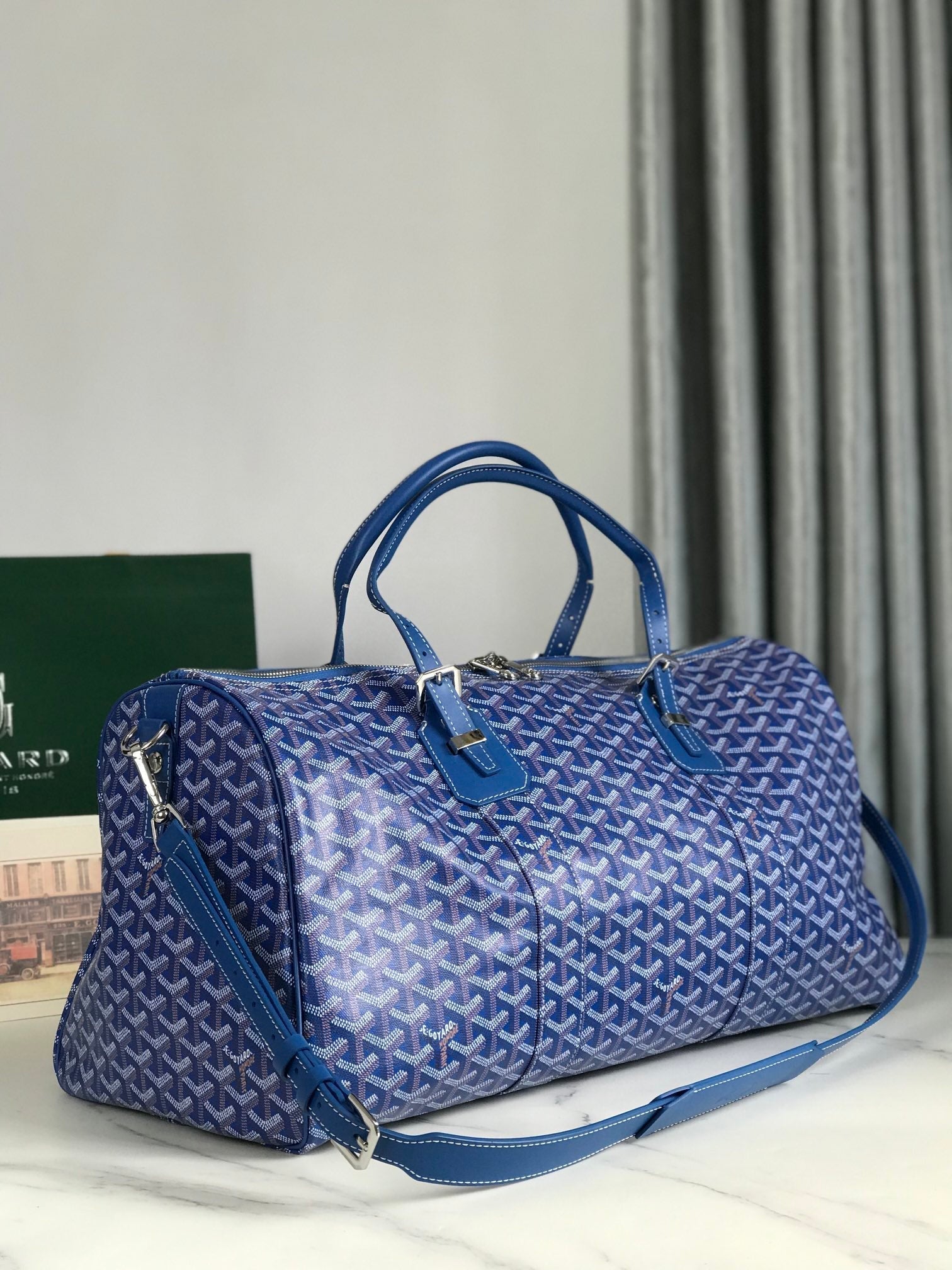 BOSTON 50 BAG IN SAPPHIRE BLUE GOYARDINE CANVAS AND CALFSKIN TRIM