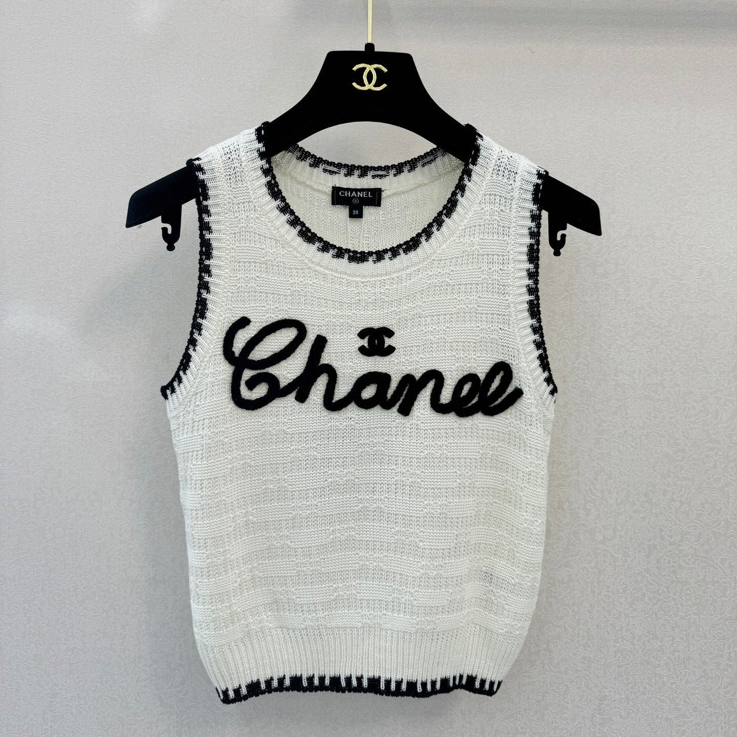 Chanel 2026 Embroidery Logo Vest White Black Wool 364271