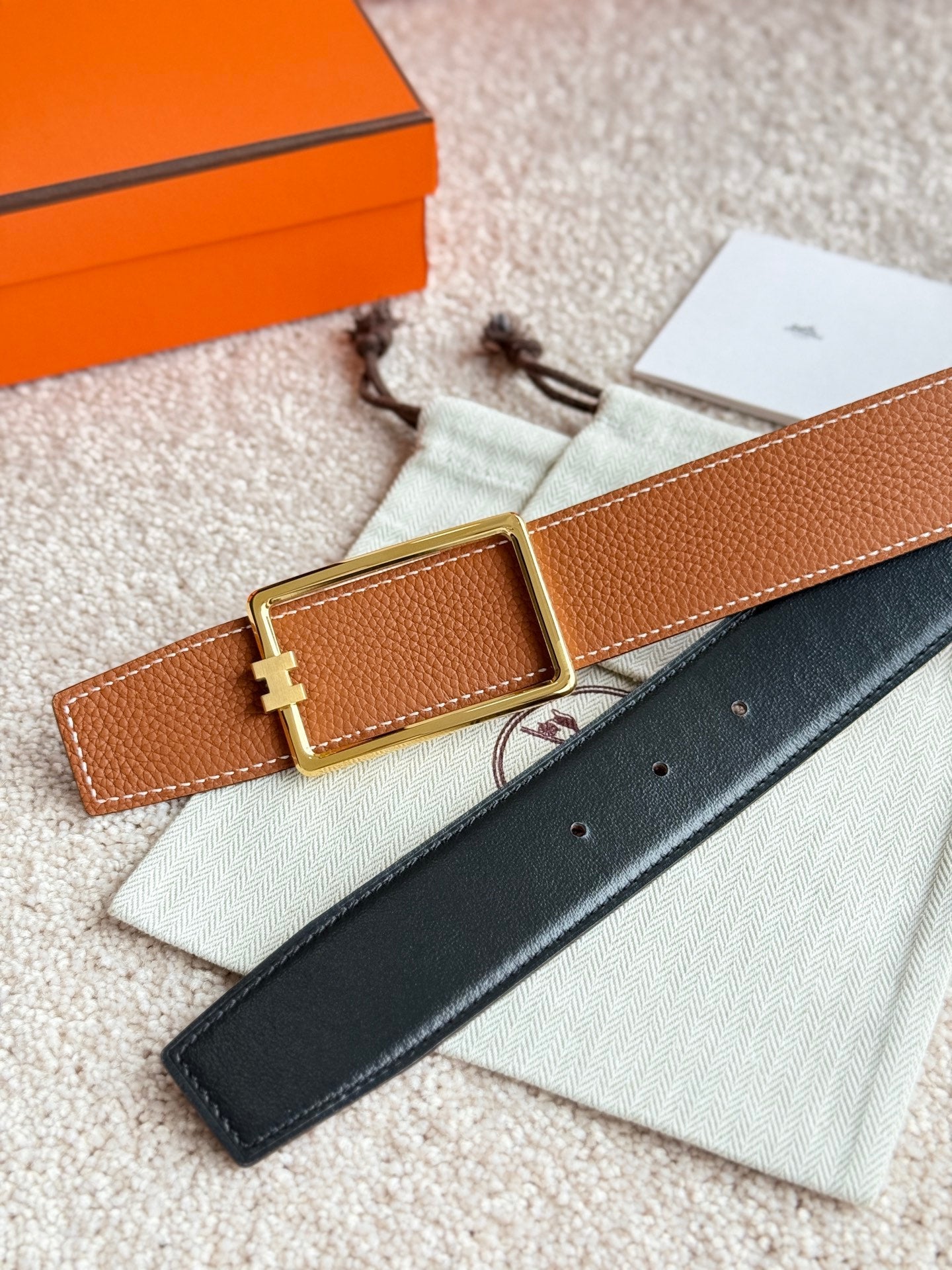 HM Gold Tube H Buckle Belt 38mm Brown Leather 187781