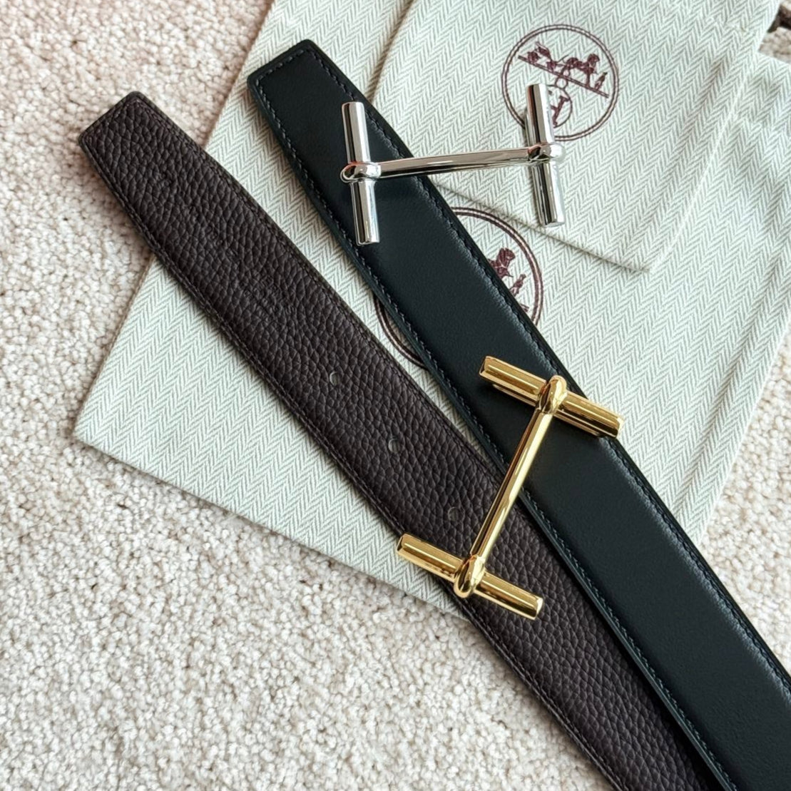 HM H d'Ancre Buckle Belt 32mm Black Chocolate Leather 187773