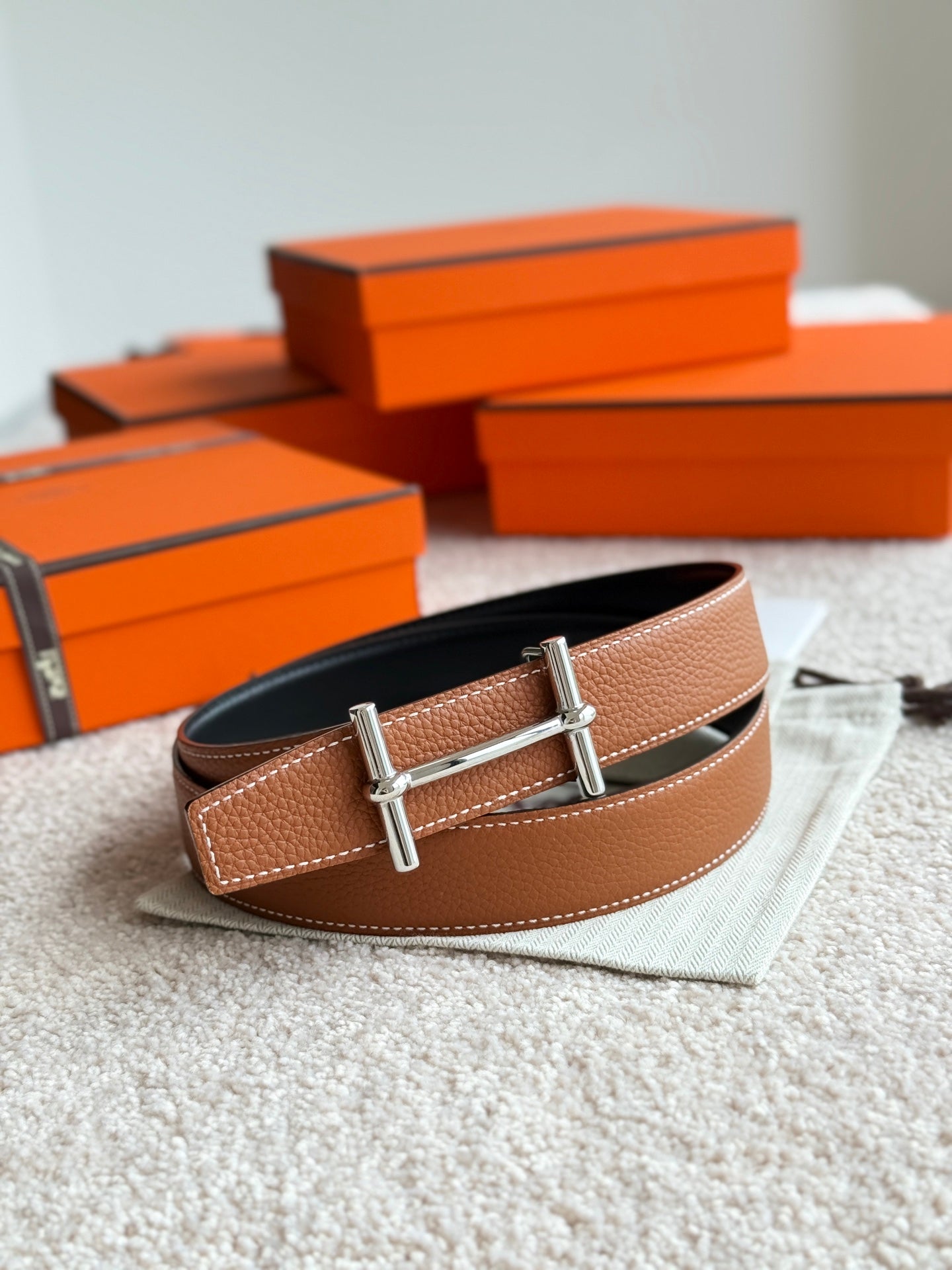 HM H d'Ancre Buckle Belt 32mm Brown Leather 187771