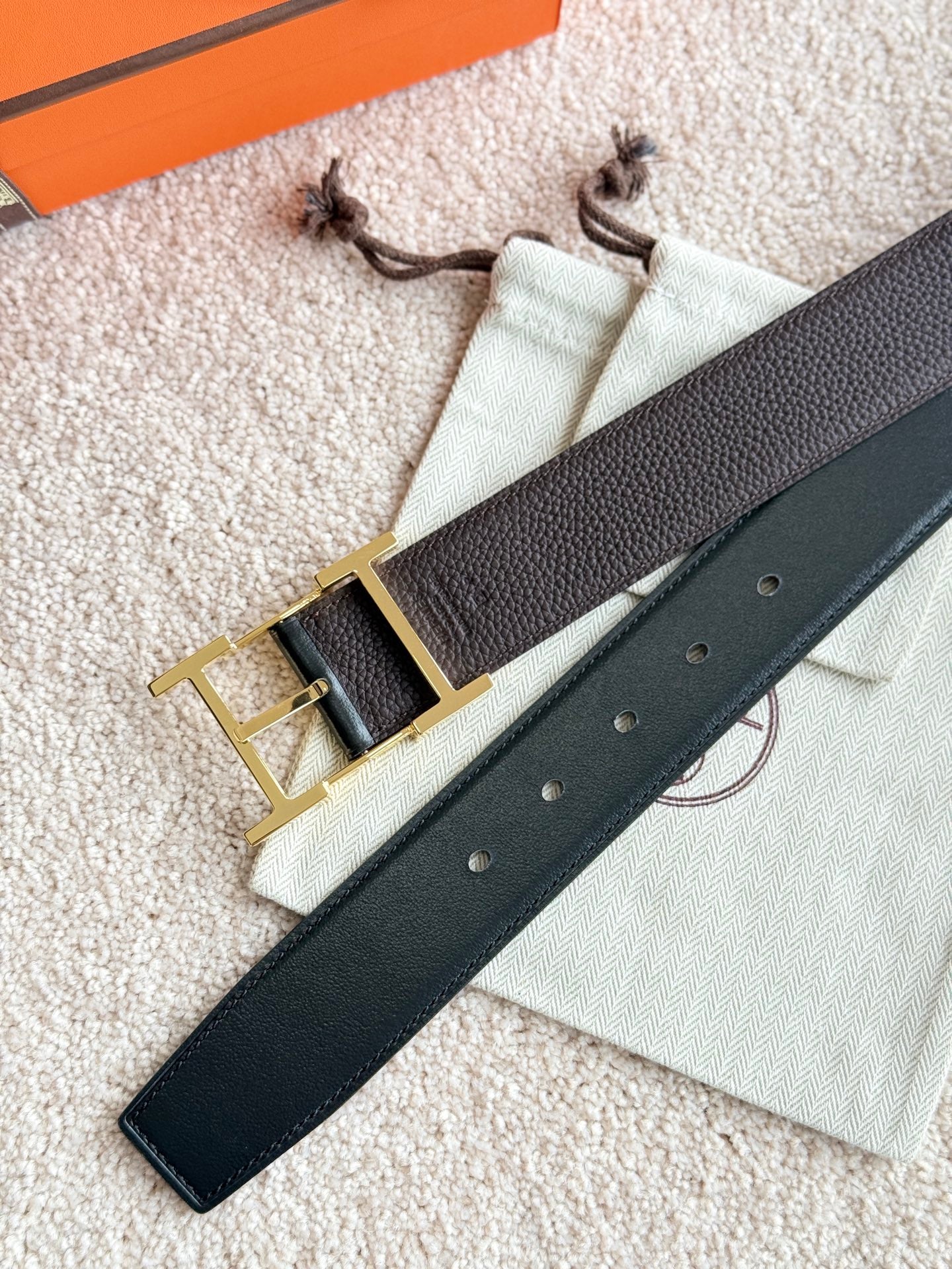 HM Gold Hadrien Reversible 38mm Belt Black Chocolate Leather 188080
