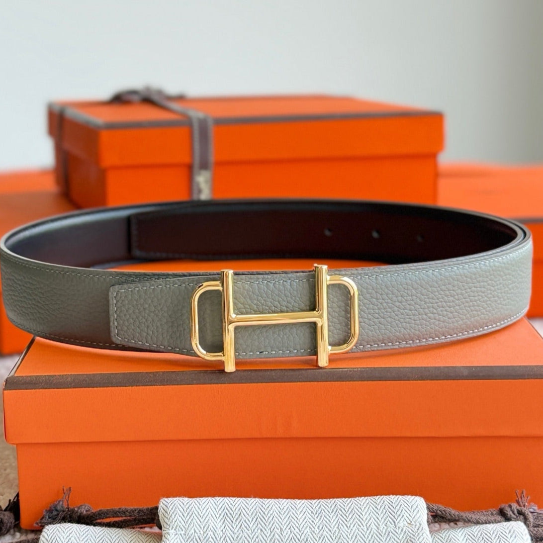 HM Gold Buckle 32mm Royal Belt Gray Brown Leather 188423