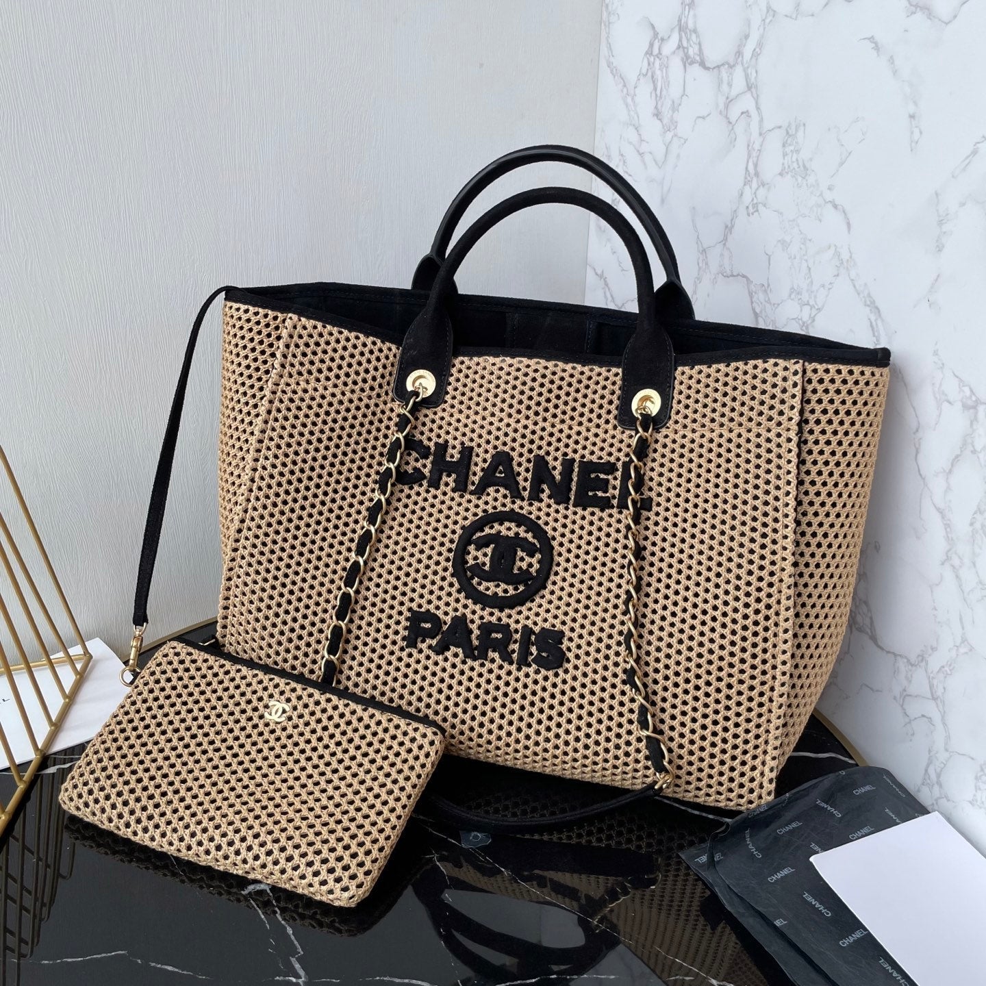 CC 25 Deauville Tote Bag 38cm Beige Black Crochet Suede