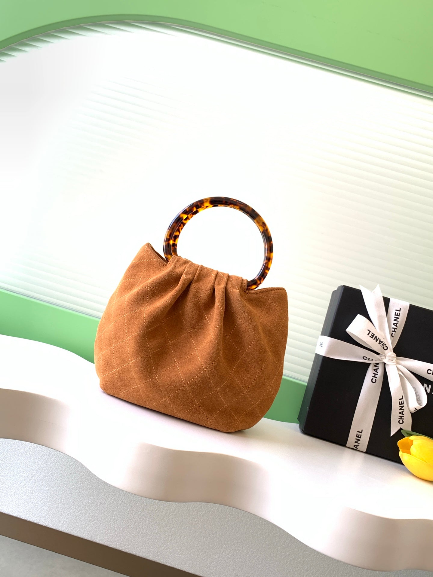 Chanel 2026 Pouch 24cm Camel Tortoiseshell Suede Effect Plexi