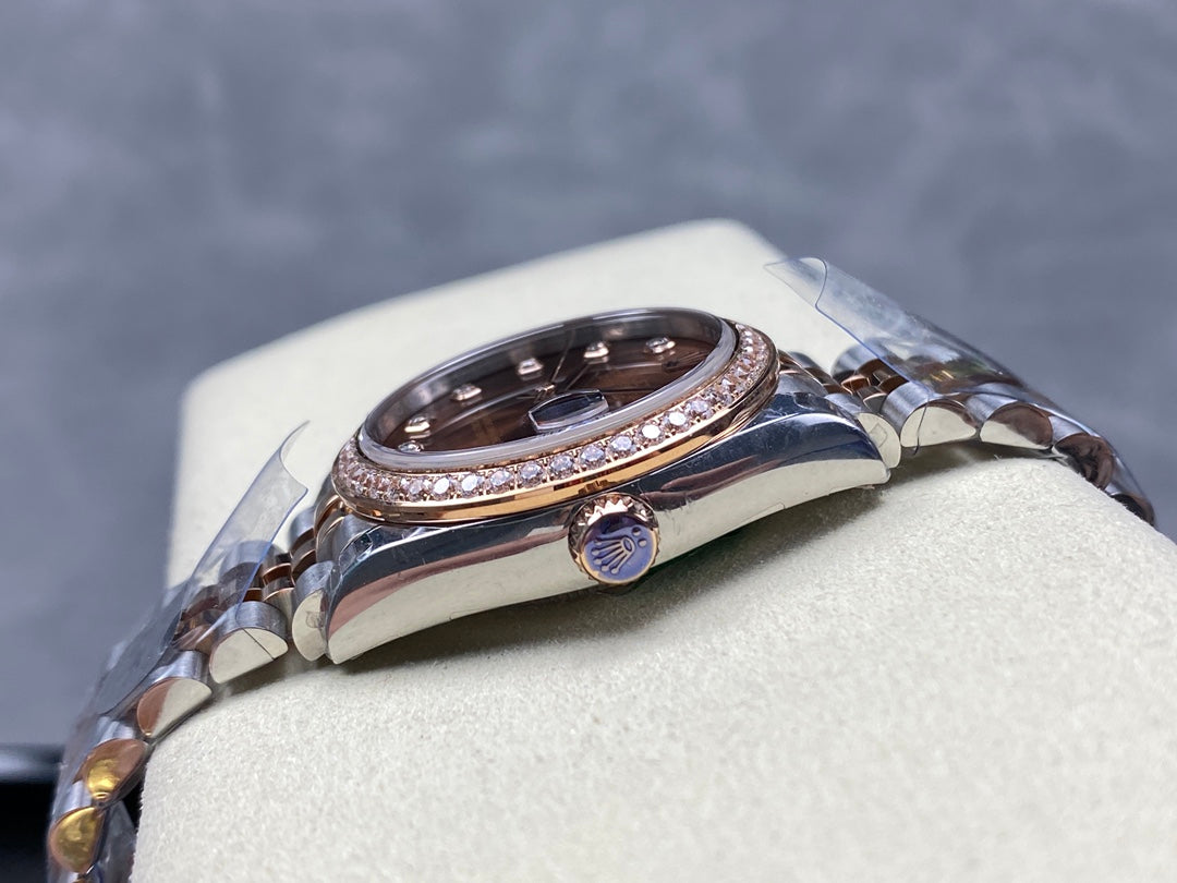 Datejust 31mm Pink Gold Steel Diamond Bezel Chocolate Dial Diamond Numerals