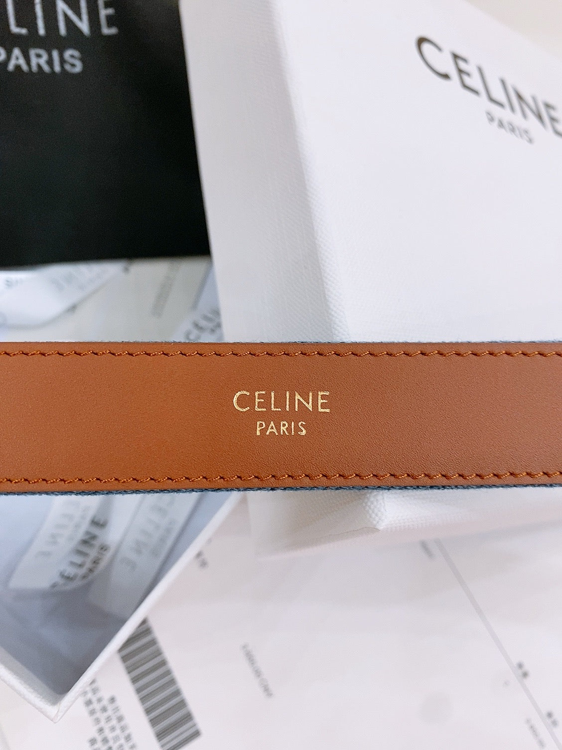 CL Gold 25mm Triomphe Enamel Blue Brown Denim Calfskin 558357